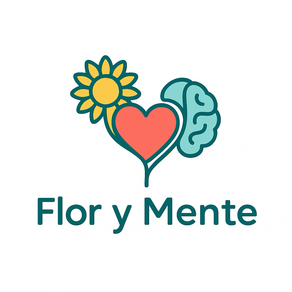 Logotipo Flor y Mente: girasol, corazón y cerebro